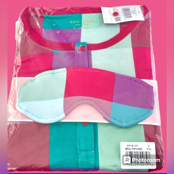 Kate spade PJ Set Henley long sleeve jogger & mask multi plaid New with tags - Picture 5 of 6